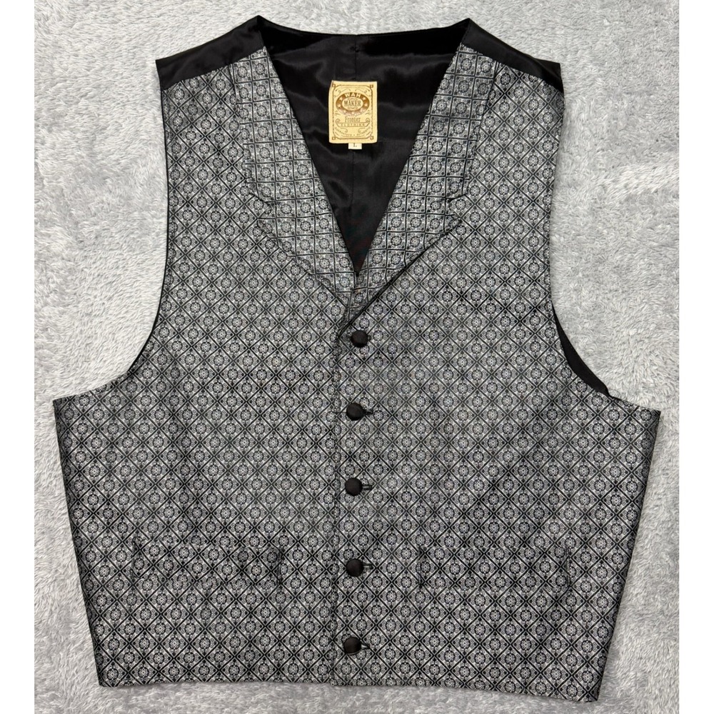 Wah Maker Vest Mens L Silver Black Frontier Clothing Geometric Tapestry USA Made